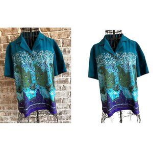 VTG Russell Scott Signature Blouse 12 Teal Metallic Silver Paisley Egypt…